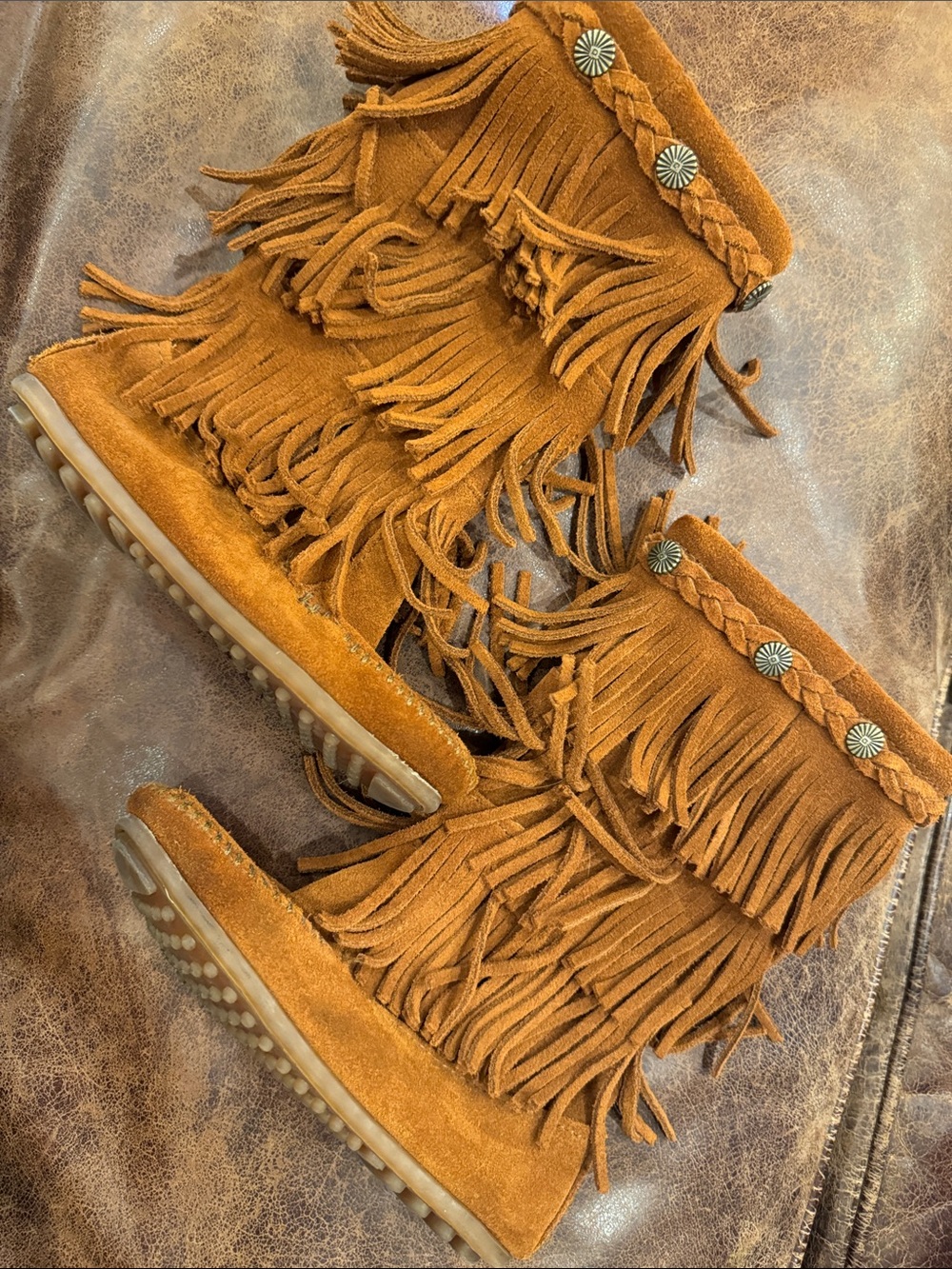 Minnetonka Rust Suede Fringe Moccasin Boots